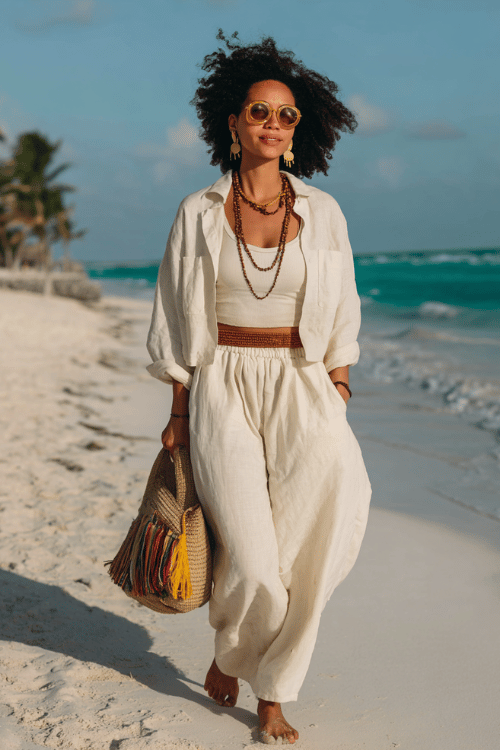 Woman wearing a breezy white linen beach outfit with wide-leg pants, layered necklaces, and sunglasses walking along a tropical beach