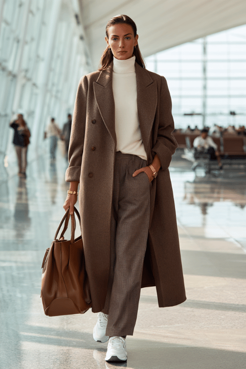 Woman wearing a brown long coat with a white turtleneck, pinstripe pants, white sneakers, and leather travel bag walking through an airport terminal 