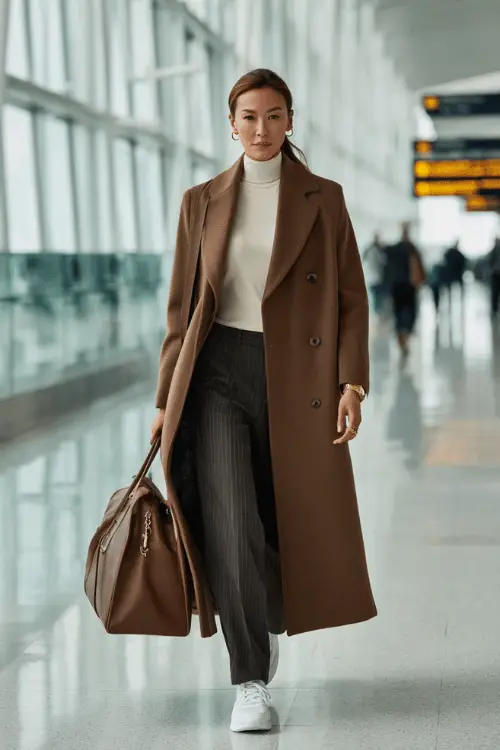 Woman wearing a brown long coat with a white turtleneck, pinstripe pants, white sneakers, and leather travel bag walking through an airport terminal