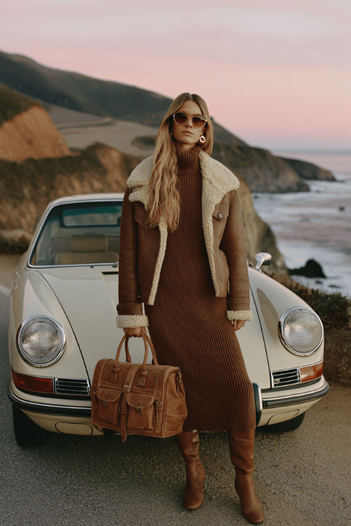 Woman wearing a brown ribbed sweater dress, shearling jacket, and knee-high boots standing beside a vintage car on a coastal highway at sunset