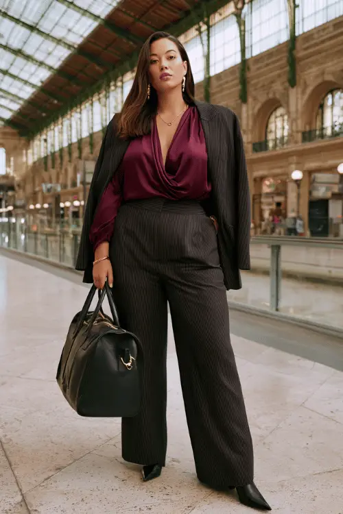 Woman wearing a burgundy satin draped blouse, black pinstripe wide-leg pants, and a matching blazer with heeled boots, standing in a grand train station with a black tote bag (2)