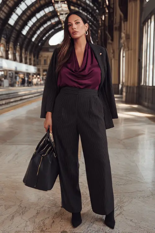 Woman wearing a burgundy satin draped blouse, black pinstripe wide-leg pants, and a matching blazer with heeled boots, standing in a grand train station with a black tote bag