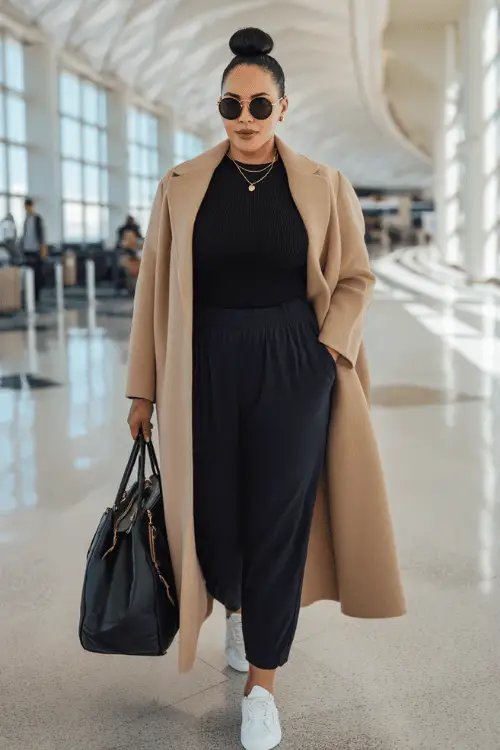 Woman wearing a camel long coat, black crop top, and relaxed black joggers with white sneakers, carrying a travel bag while walking through an airport terminal 