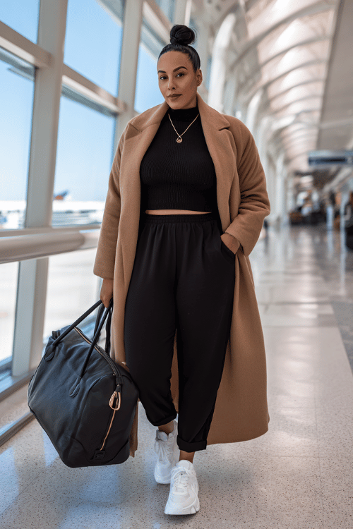 Woman wearing a camel long coat, black crop top, and relaxed black joggers with white sneakers, carrying a travel bag while walking through an airport terminal