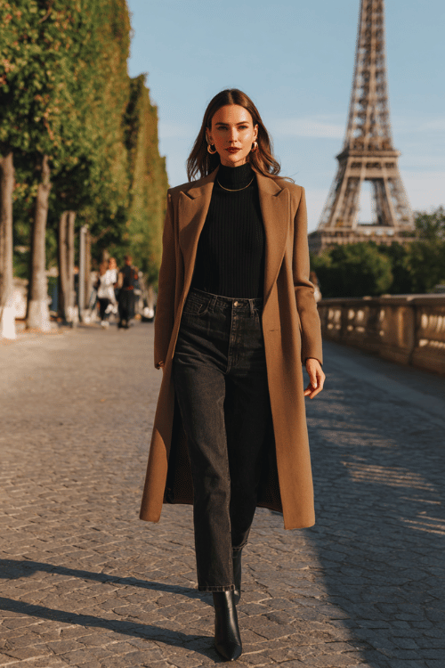 Woman wearing a camel wool coat, black turtleneck, black jeans, and black ankle boots walking near the Eiffel Tower in Paris 