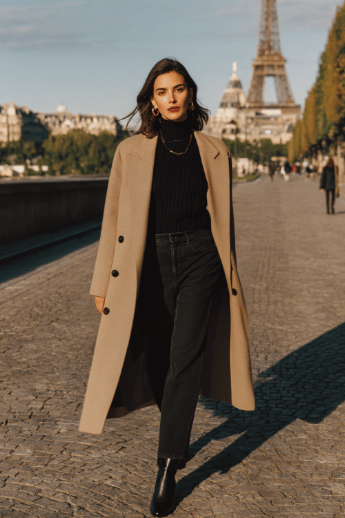 Woman wearing a camel wool coat, black turtleneck, black jeans, and black ankle boots walking near the Eiffel Tower in Paris