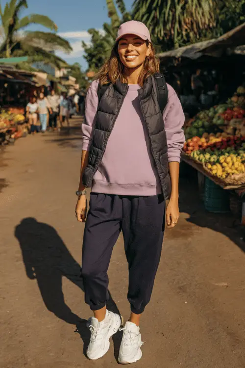 Woman wearing a casual athleisure travel outfit with a lavender sweatshirt, navy jogger pants, black puffer vest, white sneakers, and a baseball cap at a tropical outdoor market