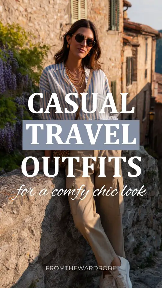 Woman wearing a casual travel outfit with a blue striped button-down shirt, beige cargo pants, white sneakers, and sunglasses