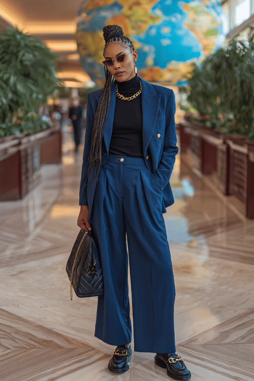 Woman wearing a cobalt blue pantsuit with a black turtleneck, loafers, and handbag standing in a modern airport terminal 