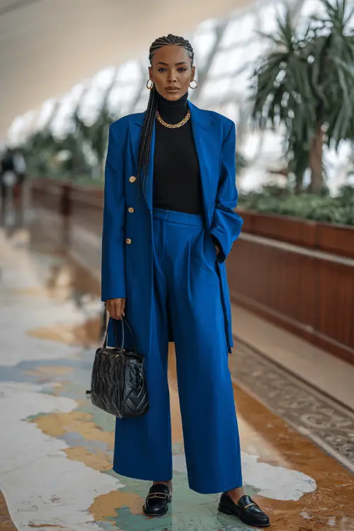 Woman wearing a cobalt blue pantsuit with a black turtleneck, loafers, and handbag standing in a modern airport terminal