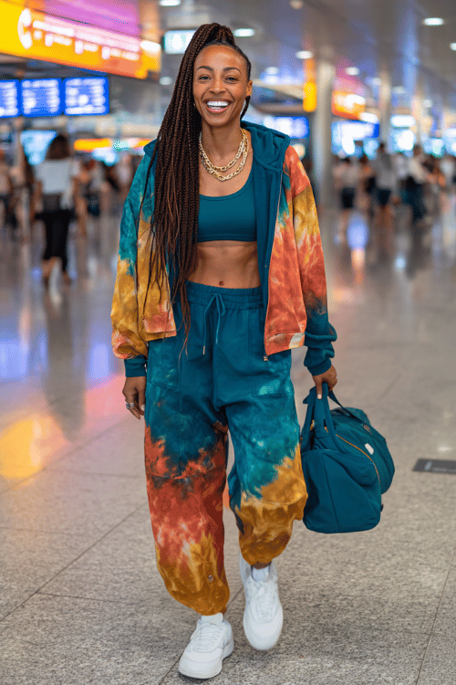 Woman wearing a colorful tie-dye sweatsuit with a cropped top and white sneakers walking through an airport terminal carrying a duffel bag