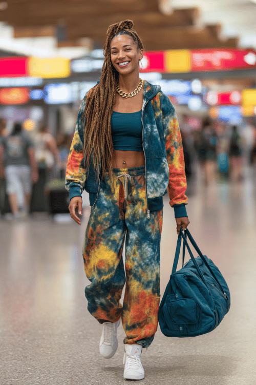 Woman wearing a colorful tie-dye sweatsuit with a cropped top and white sneakers walking through an airport terminal carrying a duffel bag