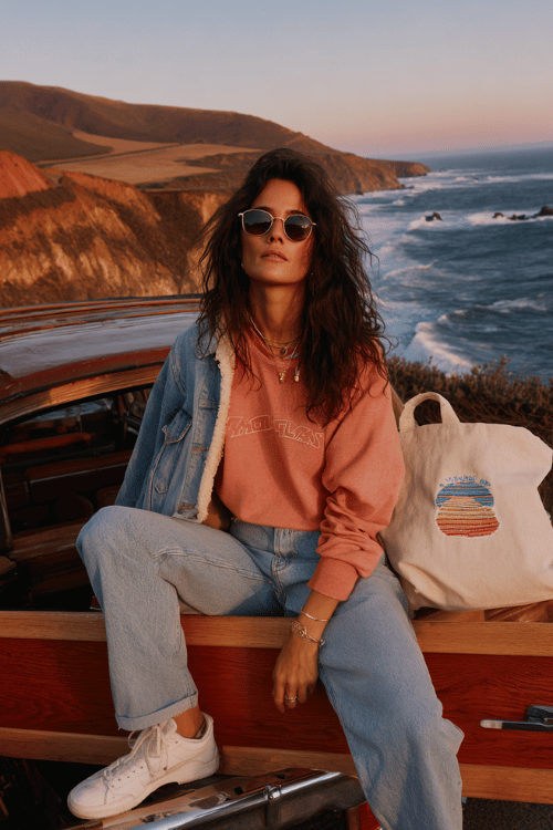 Woman wearing a coral sweatshirt, light wash jeans, and a denim jacket sitting on the back of a vintage car along a coastal highway at sunset 