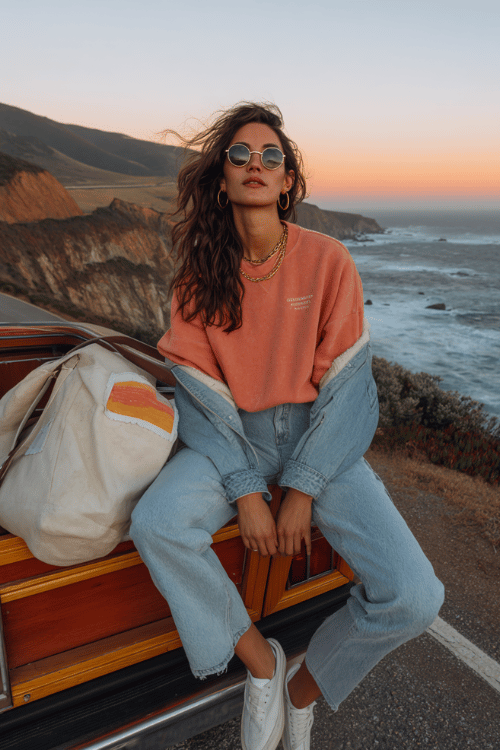 Woman wearing a coral sweatshirt, light wash jeans, and a denim jacket sitting on the back of a vintage car along a coastal highway at sunset