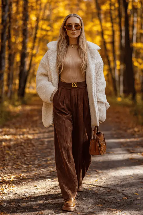 Woman wearing a cozy fall travel outfit with a camel ribbed knit top, brown wide-leg trousers, oversized sherpa jacket, loafers, and sunglasses walking through an autumn forest trail