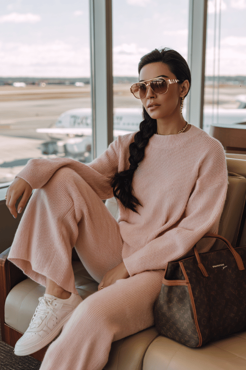 Woman wearing a cozy pink knit lounge set with white sneakers and sunglasses relaxing in an airport lounge with a travel bag
