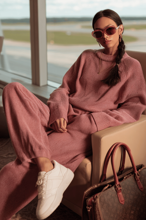 Woman wearing a cozy pink knit lounge set with white sneakers and sunglasses relaxing in an airport lounge with a travel bag
