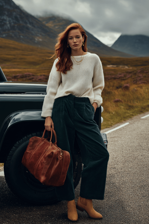Woman wearing a cream knit sweater, brown corduroy pants, and ankle boots leaning against an SUV on a scenic mountain road trip 