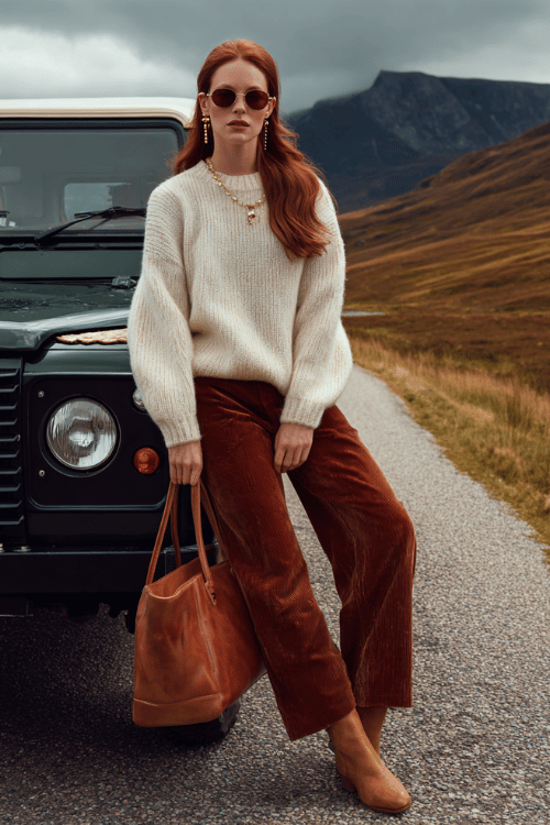 Woman wearing a cream knit sweater, brown corduroy pants, and ankle boots leaning against an SUV on a scenic mountain road trip