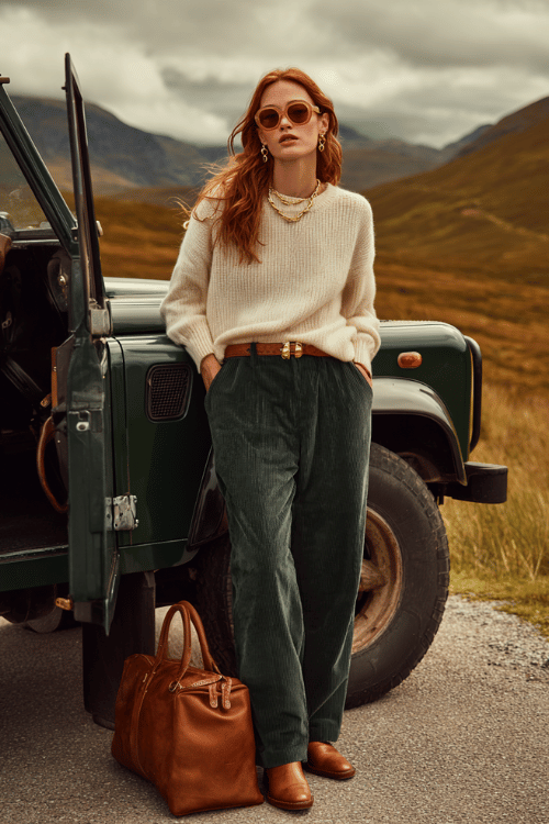 Woman wearing a cream knit sweater, green corduroy pants, and brown ankle boots leaning against an off-road vehicle on a scenic mountain road trip