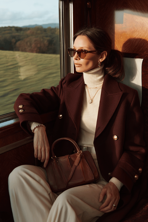 Woman wearing a cream turtleneck sweater, beige trousers, and a brown wool coat sitting by the window on a luxury train 