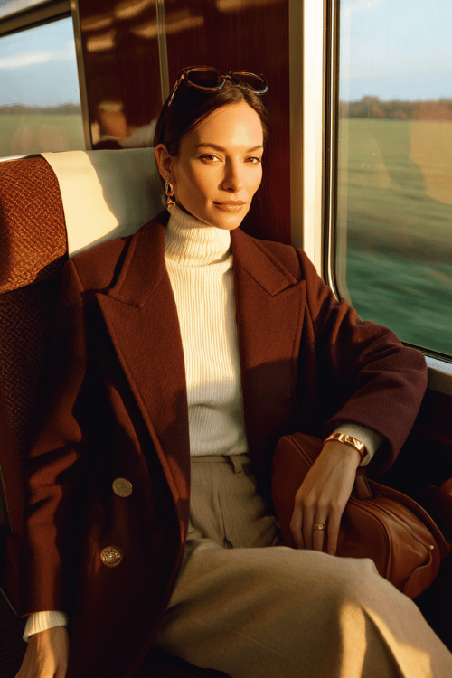Woman wearing a cream turtleneck sweater, beige trousers, and a brown wool coat sitting by the window on a luxury train