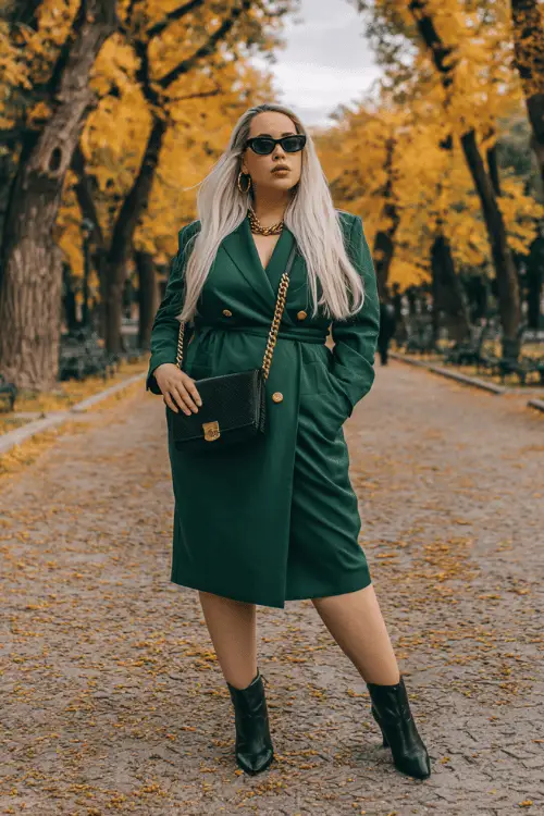 Woman wearing a dark green belted coat dress with black ankle boots, sunglasses, and a chain shoulder bag, posing on a tree-lined path surrounded by autumn foliage
