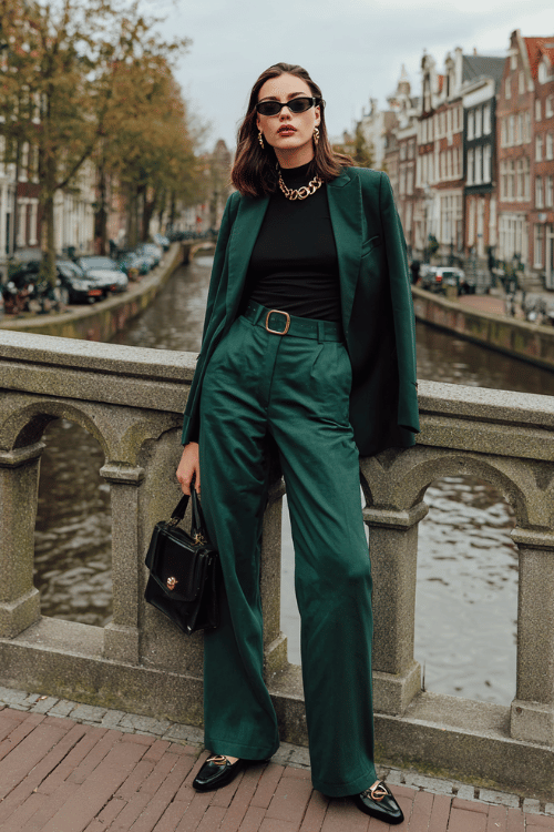 Woman wearing a dark green tailored pantsuit with a black turtleneck and wide-leg trousers standing on a canal bridge in the city 