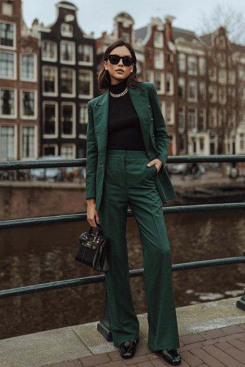 Woman wearing a dark green tailored pantsuit with a black turtleneck and wide-leg trousers standing on a canal bridge in the city 
