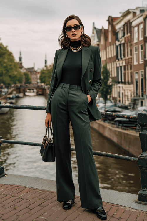 Woman wearing a dark green tailored pantsuit with a black turtleneck and wide-leg trousers standing on a canal bridge in the city