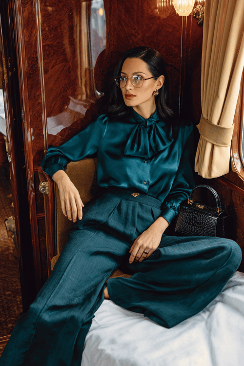 Woman wearing a dark teal satin blouse and matching wide-leg pants relaxing inside a luxury train cabin at night 