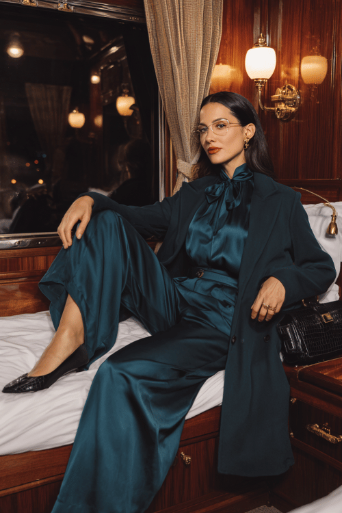 Woman wearing a dark teal satin blouse and matching wide-leg pants relaxing inside a luxury train cabin at night 