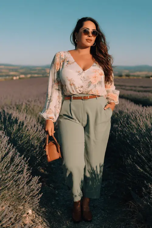 Woman wearing a floral blouse with sage green high-waisted pants, sunglasses, and gold hoop earrings, walking through a lavender field at sunset with a small brown handbag