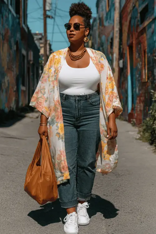 Woman wearing a floral kimono cardigan, white tank top, cuffed jeans, and white sneakers with sunglasses and gold accessories, walking through a colorful urban alley