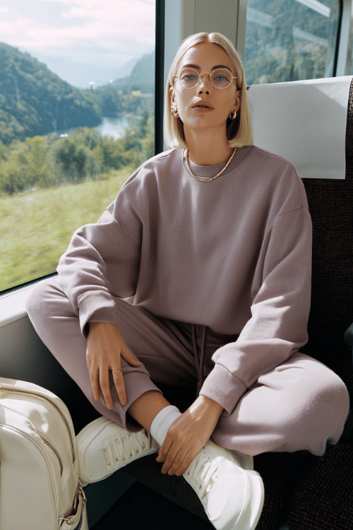 Woman wearing a light lavender sweatsuit and white sneakers sitting on a train with a backpack beside her and mountain views outside the window 