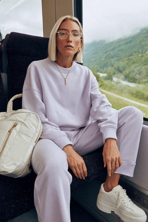 Woman wearing a light lavender sweatsuit and white sneakers sitting on a train with a backpack beside her and mountain views outside the window