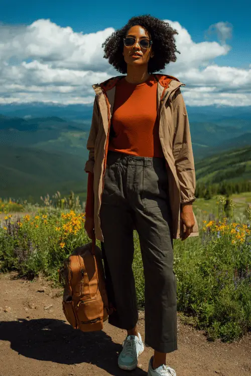 Woman wearing a lightweight hiking outfit with a rust orange top, brown cargo pants, windbreaker jacket, and sneakers on a scenic mountain trail with wildflowers 