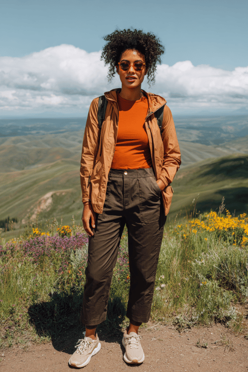 Woman wearing a lightweight hiking outfit with a rust orange top, brown cargo pants, windbreaker jacket, and sneakers on a scenic mountain trail with wildflowers