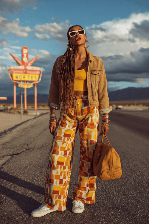 Woman wearing a mustard crop top, patterned wide-leg pants, and a tan jacket standing on a desert roadside with retro sunglasses and a travel bag