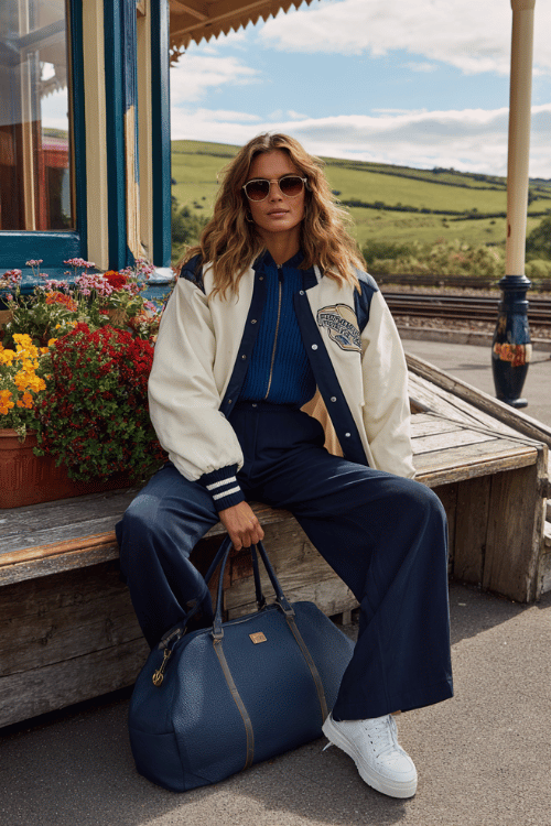 Woman wearing a navy blue travel outfit with a varsity jacket, wide-leg pants, and white sneakers sitting at a countryside train station