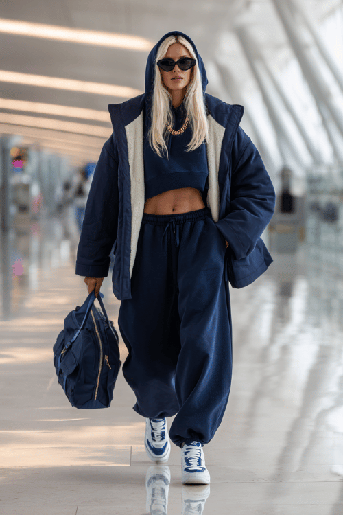 Woman wearing a navy oversized sweatsuit with a cropped hoodie, puffer jacket, and sneakers walking through an airport terminal carrying a duffel bag