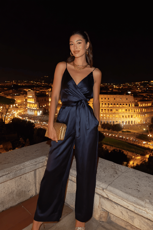 Woman wearing a navy satin wrap jumpsuit with gold accessories standing above the Colosseum in Rome at night