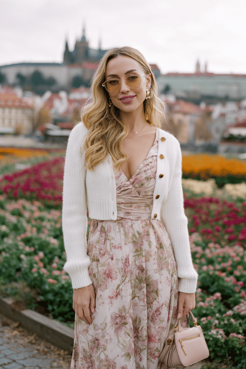 Woman wearing a pink floral dress with a white cropped cardigan standing in a colorful flower garden with historic European city views