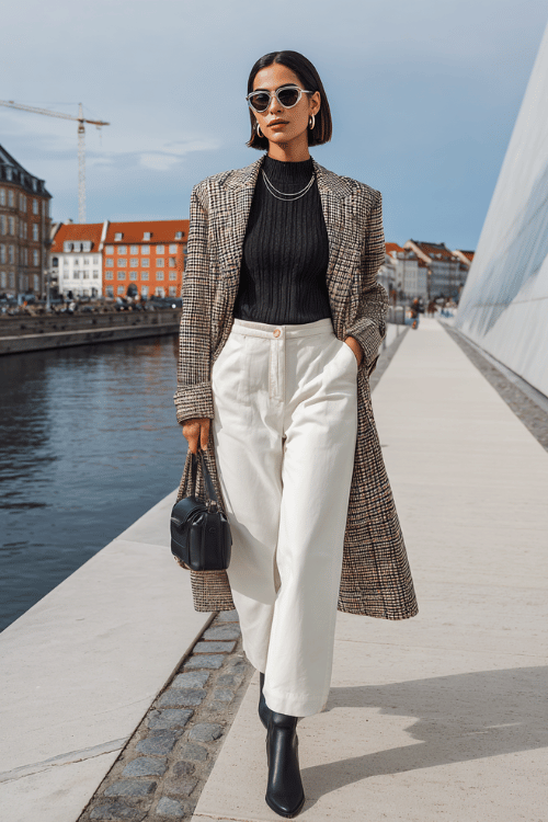 Woman wearing a plaid long coat, black ribbed turtleneck, white wide-leg trousers, and black ankle boots walking by a waterfront in the city