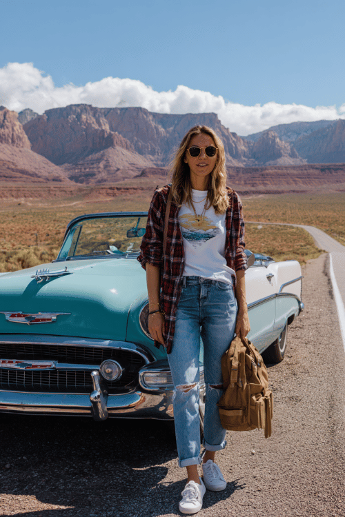 Woman wearing a plaid shirt, graphic tee, and ripped jeans standing beside a vintage convertible on a desert road trip with mountain views