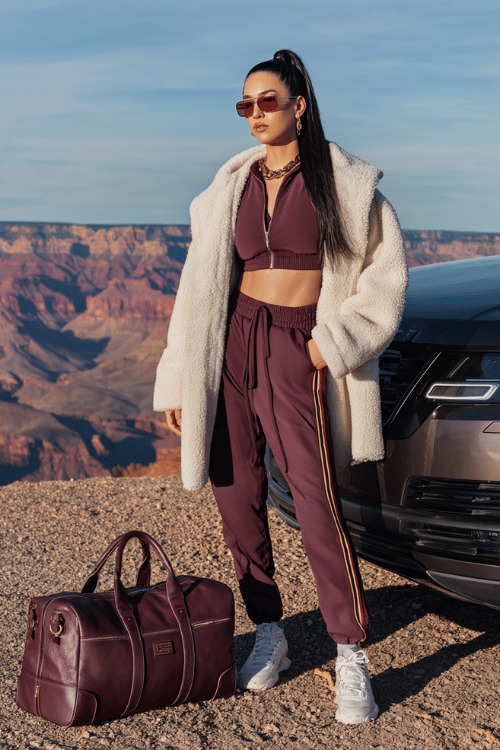 Woman wearing a plum athleisure set with a sherpa coat and white sneakers standing beside an SUV at a canyon overlook with a travel duffel bag