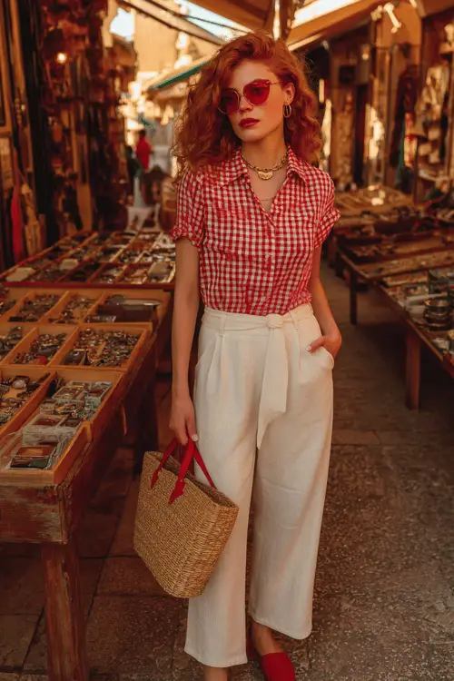 Woman wearing a red gingham button-up shirt, white wide-leg pants, red flats, and sunglasses while exploring a vibrant outdoor market with a woven tote bag 