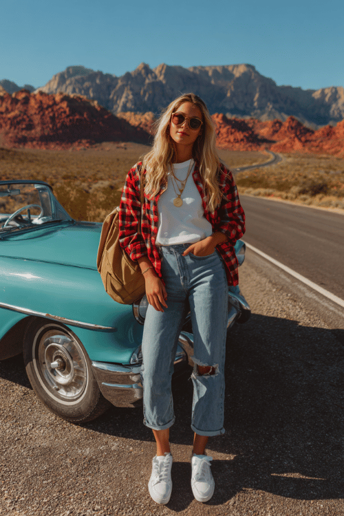 Woman wearing a red plaid shirt, white tee, and ripped jeans standing beside a vintage convertible on a desert road with red rock mountains in the background