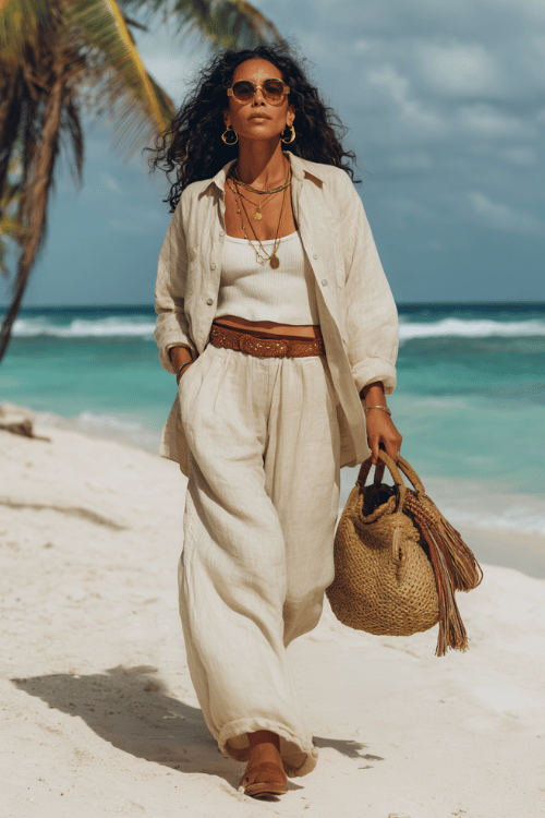 Woman wearing a relaxed beige linen beach outfit with wide-leg pants, layered jewelry, and a woven tote bag walking along a tropical beach