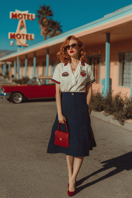 Woman wearing a retro-inspired blouse, navy midi skirt, and red heels walking outside a vintage roadside motel with a classic car in the background